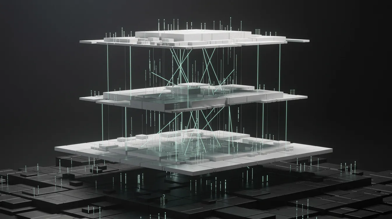 Abstract visualization of interconnected AI-native business infrastructure layers